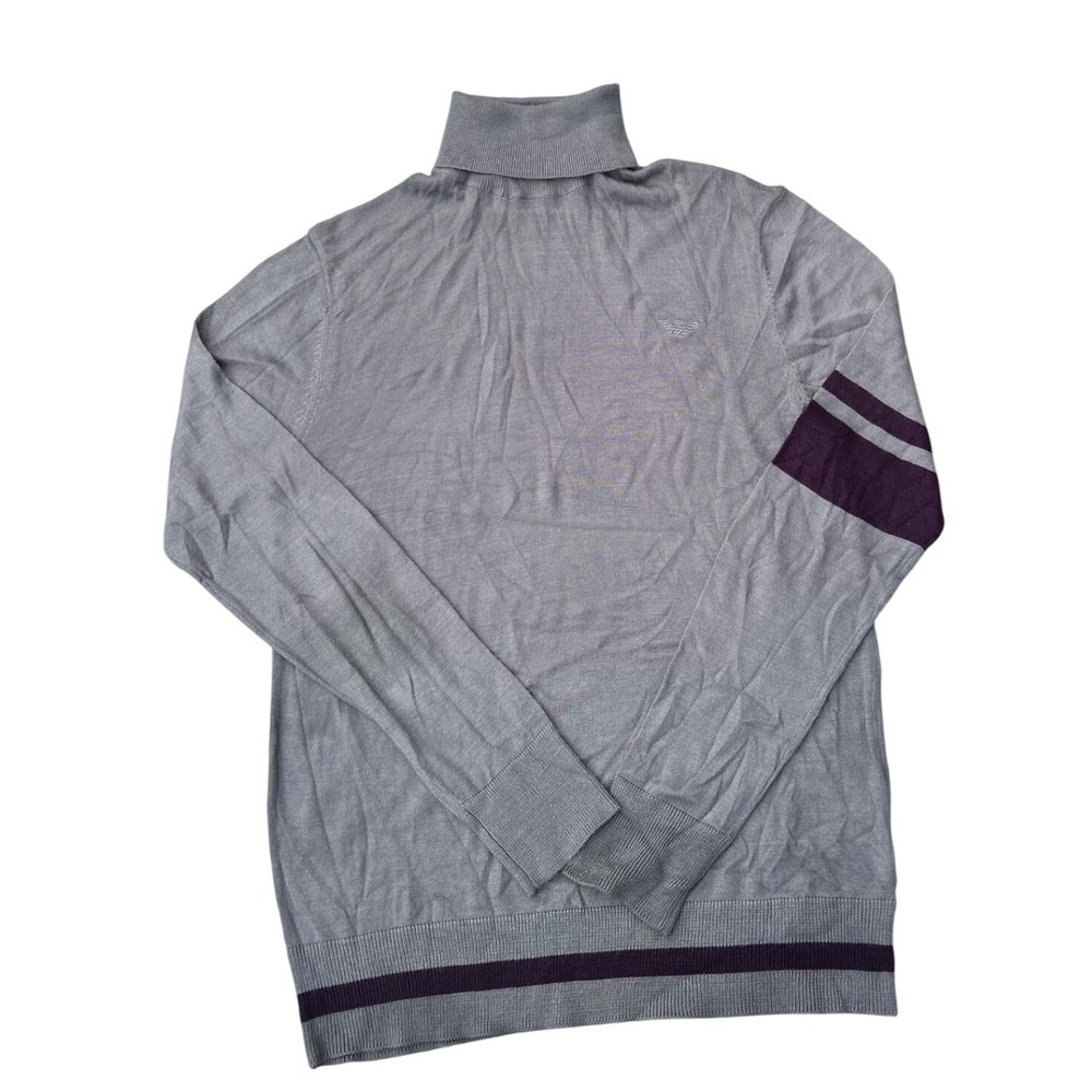 Emporio Armani Mens Grey Wool Blend Turtleneck Sweater Purple Stripe Size 54